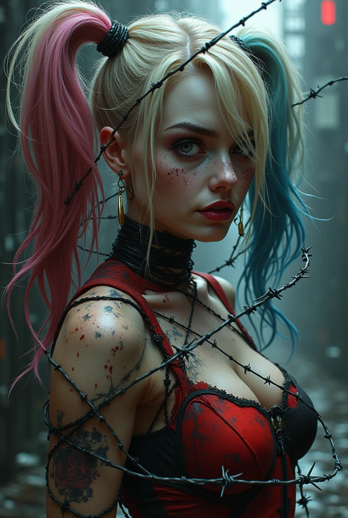 vampire,(night),blood,victorian,dress,artificial light,lamppost,docks,cleavage,hand on face,fangs,licking,freckles,bridge,body freckles,looking at viewer, harley quinn, gigantic fake