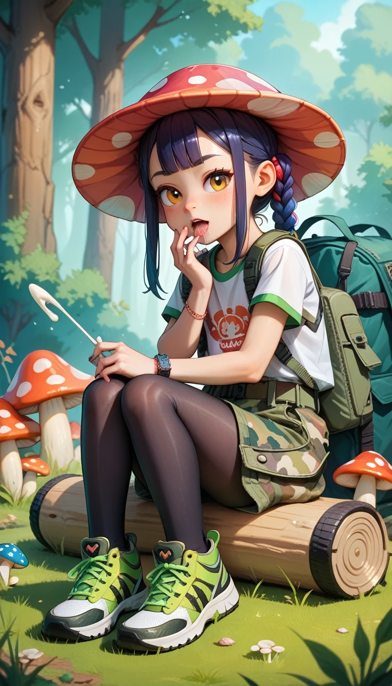 Asuka Tanaka, tight camouflage silk top, extra short army green cargo skirt, (highly shiny black pantyhose:1.4), sneakers, (loli:1.4), sitting in a camp, enthusiastically sucking mushroom shiitake, mushroom in her hand, a lot saliva