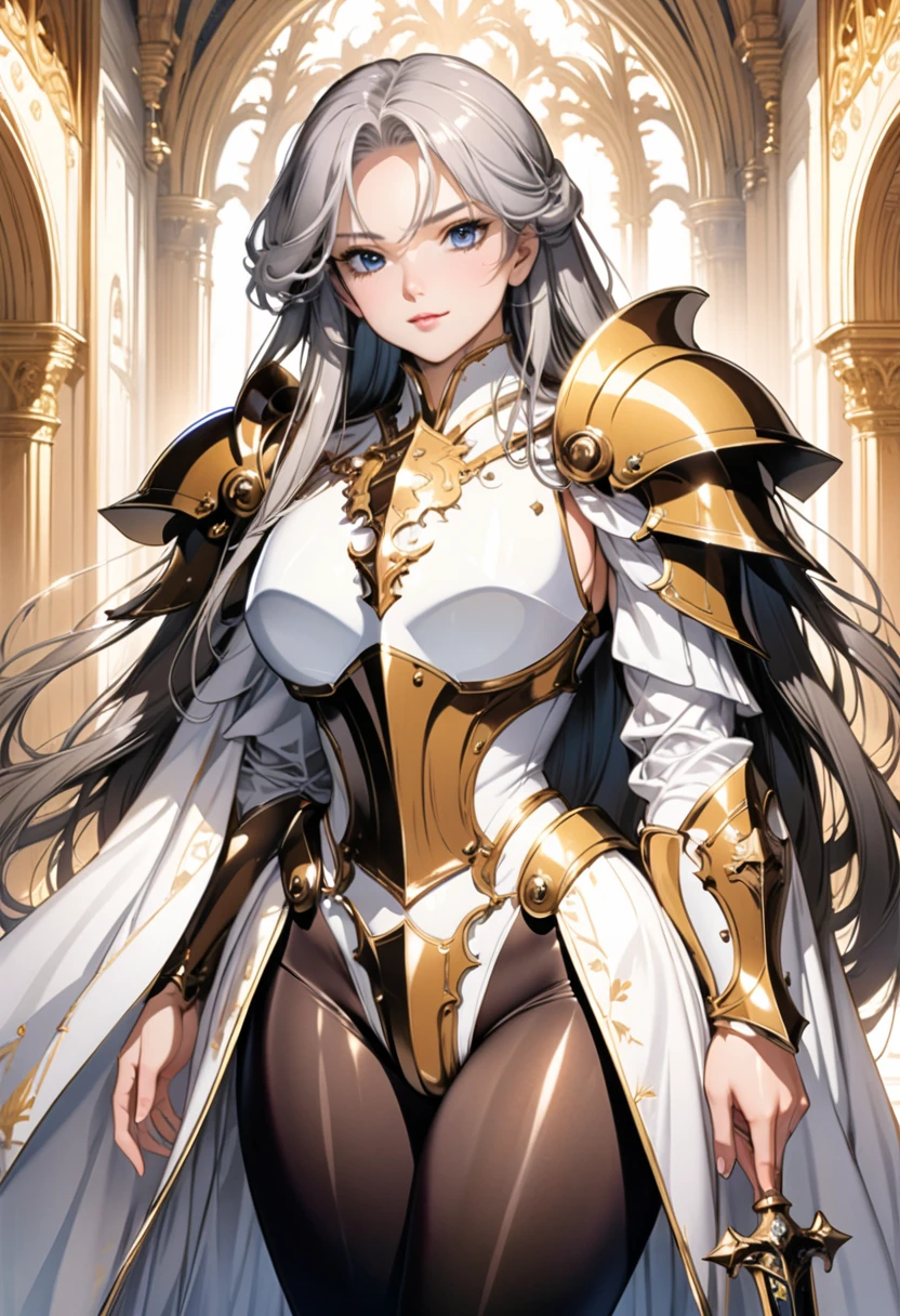 (solo),1lady,anime face,Azur Lane style,cowboy shot,A beautiful face with perfect makeup,Curvy body,(Vulgar:1.5),((black luxurious and noble royal knight armor velvet high leg leotard)),((matte high leg body suit)),((large golden shoulder armor)),(breastplate:1.3),(zettai ryouiki thigh high boots),((pantyhose)),((gray hair long straight hair:1.2)),(layered long cloak),(large breasts:1.3),breast bag, gauntlet,vambrace,He has a spear in his hand,Use a spear as a weapon,Cross spear,goldsmith spear,sharp point,long handle,fitted bodice,Long middle parted voluminous bangs,white dress elbow gloves,cleavage,beautiful blue eyes,perfectly accurate hand,perfect fingers,long glove,greeting,The Royal Palace's Great Hall,beautiful lighting,masterpiece,highest quality,8k,Ultra-detailed anime style,(cameltoe:0.8),cleavage,