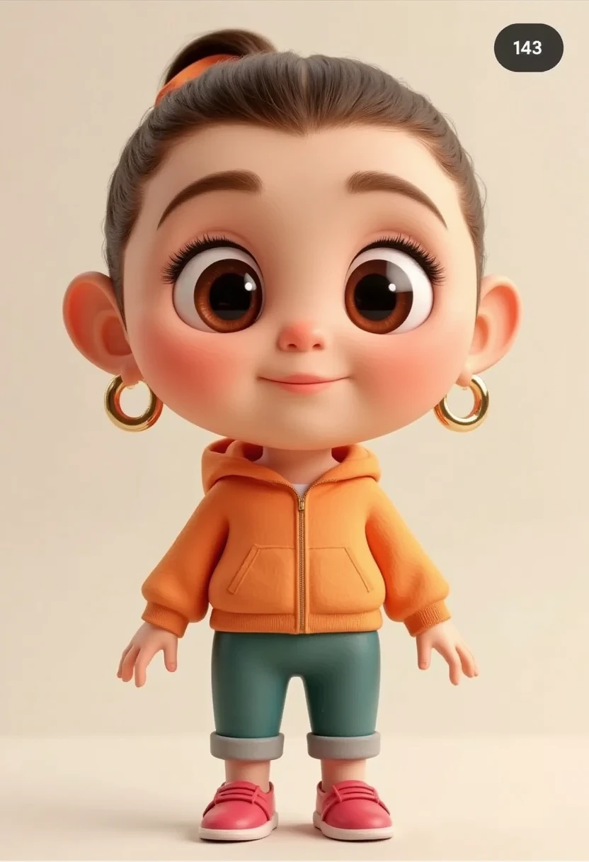  selena, Create a piXAR 3D cute character cartoon, casual but stylish outfit, and a neutral facial expression. The background should be simple and plain, highlighting the character's details