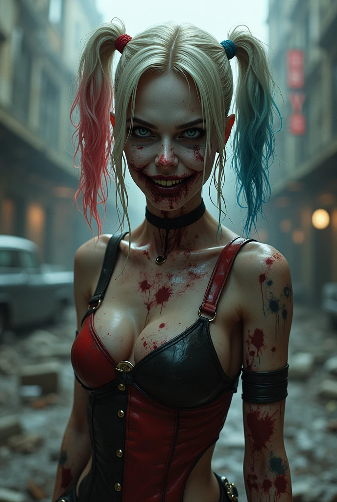 Harley Quinn, a man is pushing her face toward Gus penis, he forces her to give him a blowjob, her face get sprayed with semen from the penis , he touches her face with his penis, she is screaming, her hand are handcuffed together, the man is pulling on her hair, his penis sprays Harley in the face with cum, her face is drips with semen, she is screaming and scared,