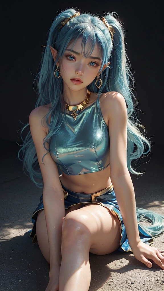 sexy Italian fashion model、sexy smile、lipgloss、glossy transparent lipstick、Colorful metallic makeup、eyeliner、very long lashes、Colorful sparkling jewelery、full body Esbian、sheer latex tight mini dress(turquoise blue and light green)、Colorful hair