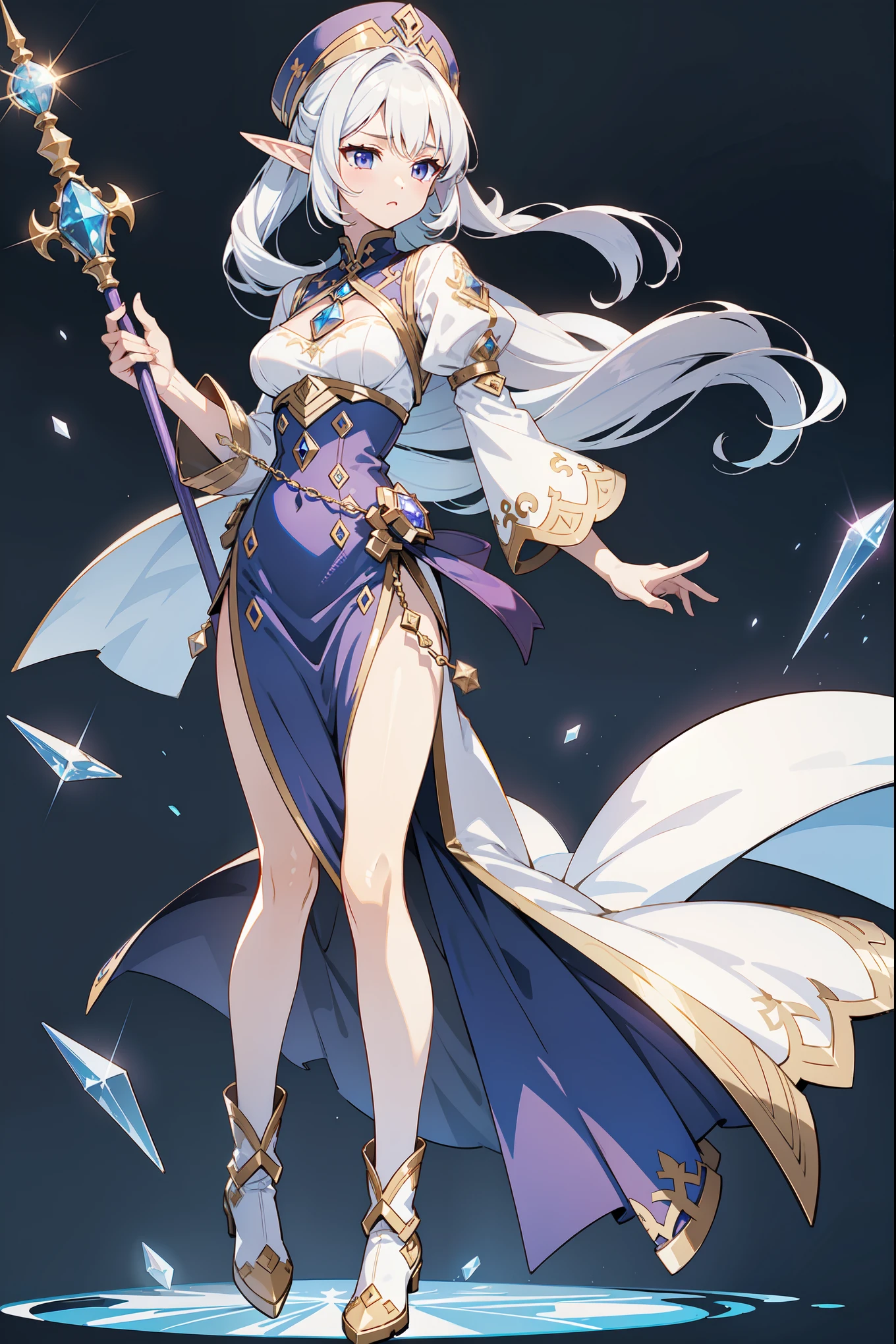 Image is a fullbody digital illustration of ragnarok online character, featuring a full-body young female elf with large, beautiful amber eyes and light skin. She has long, white hair and pointed ears, wearing a large, pointed wizard hat adorned with a star pattern and a purple gem. Her outfit consists of a black and blue dress with a diamond pattern on the bodice, white ruffled sleeves, and a blue skirt. She holds a magical staff with a glowing, crystalline tip emitting blue light and shards. Her boots are blue with gold accents, matching the overall color scheme. The background is plain white, emphasizing the character's vibrant design. Ensure no part of the character is cropped or cut off. Highly detailed, vibrant colors, and realistic proportions.