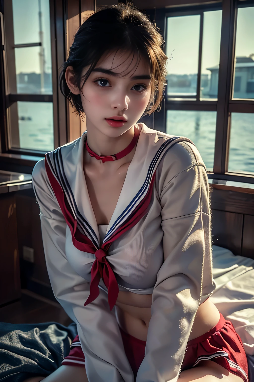 masterpiece,  best quality, 8k,  photorealistic showing panties,  high definition , 1 Female, Alone,  watch viewers, (  detail face ),(( sailor suit ))、Super beautiful woman、 erotic short hair、(( itting、 jewelry、Soft beautiful breasts、 Sexy Expression 、 realistic skin、Realistic Face, red ribbon 