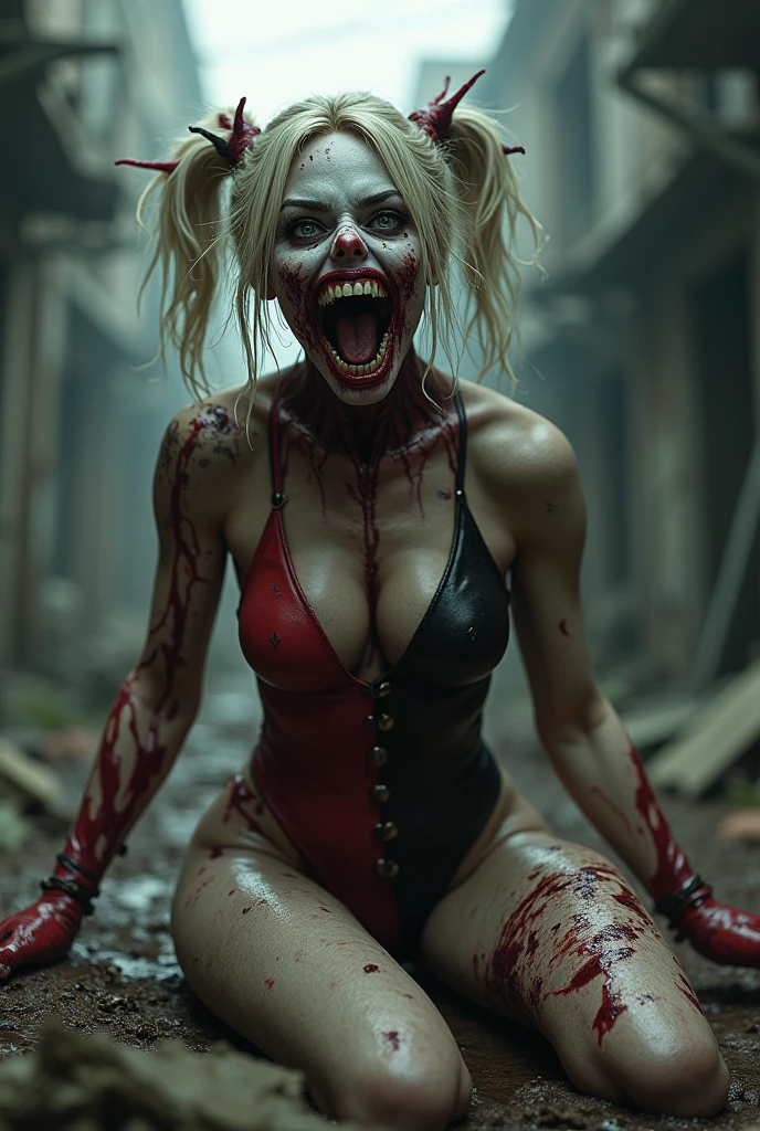 masterpiece, best quality, (undead Eva Green:1.3), elegant, 1 undead evil demoness, cute, blushed, looking at viewer, from above, (blood in open mouth:1.3), open panties under the mini skirt, white and black striped T-shirt, wet T-shirt, blue eyes, beautiful eyes, inferno in background, light particles, dramatic lighting, inferno, realistic, best quality, ultra-detailed, scenery, beautiful detailed eyes, detailed hair on the tiny breasts, demons, evil spirits