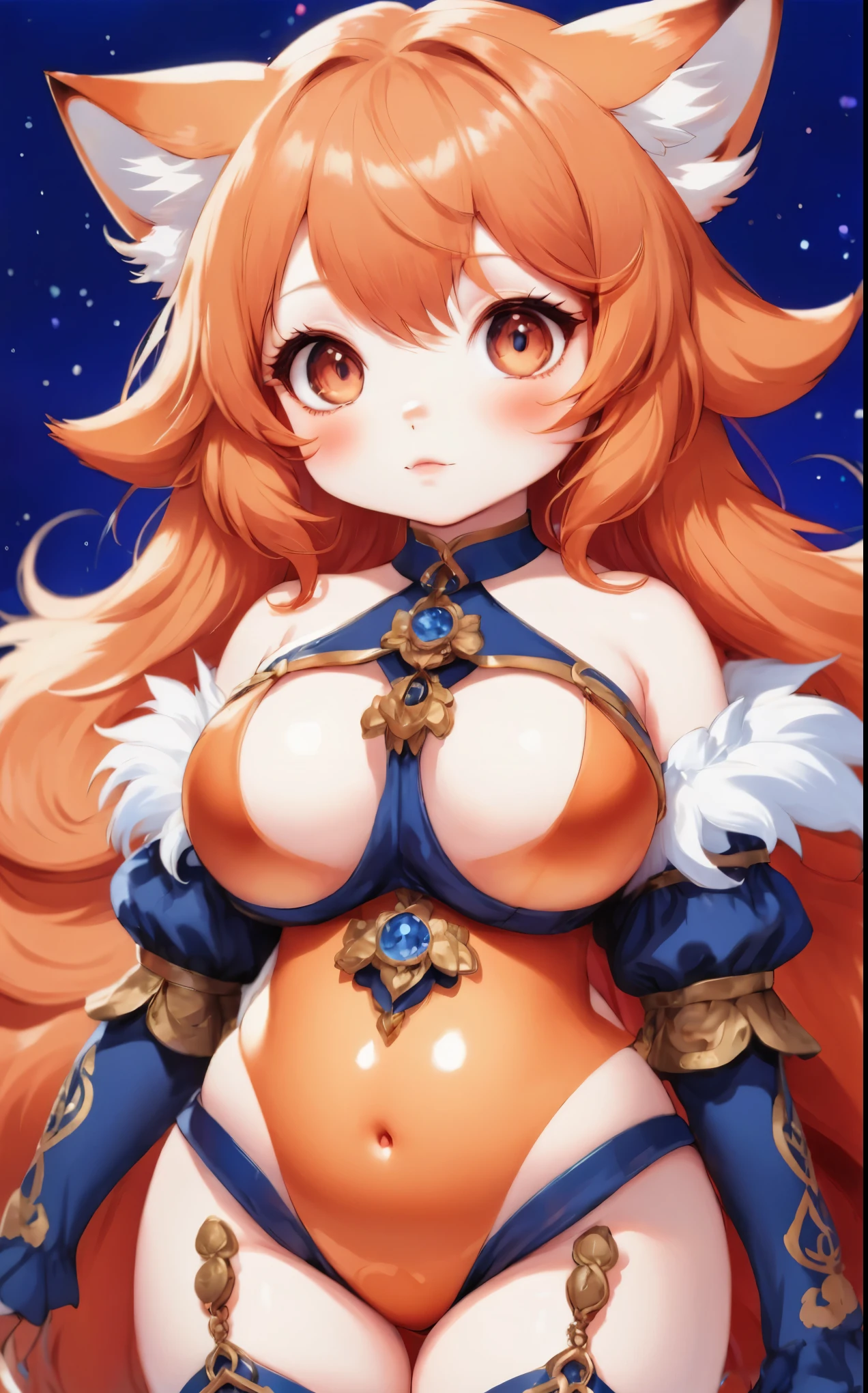 anime illustration、high resolution、fantasy、A very plump and bewitching bitch gal、orange perm hair、very thick thighs、breath of the wild、Princess Zelda、aurora and starry sky、super big breasts、Exposing female genitalia、exposing nipples、full nude、bewitching laughter