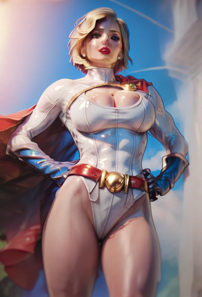 score_9, score_8_up, score_7_up BREAK powergirlSDXL, 1girl, short hair, blue eyes, blonde hair, large breasts, blue gloves, cleavage, thighs, red belt, red cape, white leotard, red lips, clothing cutout, highleg, cleavage cutout, highleg leotard, white leotard, red cape, blue gloves, superhero, blue calf length high heel boots, cowboy shot, from below, hands on hips, sky background,