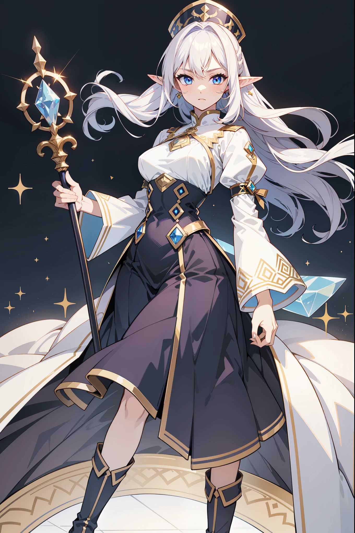 Image is a fullbody digital illustration of ragnarok online character, featuring a full-body young female elf with large, beautiful amber eyes and light skin. She has long, white hair and pointed ears, wearing a large, pointed wizard hat adorned with a star pattern and a purple gem. Her outfit consists of a black and blue dress with a diamond pattern on the bodice, white ruffled sleeves, and a blue skirt. She holds a magical staff with a glowing, crystalline tip emitting blue light and shards. Her boots are blue with gold accents, matching the overall color scheme. The background is plain white, emphasizing the character's vibrant design. Ensure no part of the character is cropped or cut off. Highly detailed, vibrant colors, and realistic proportions.