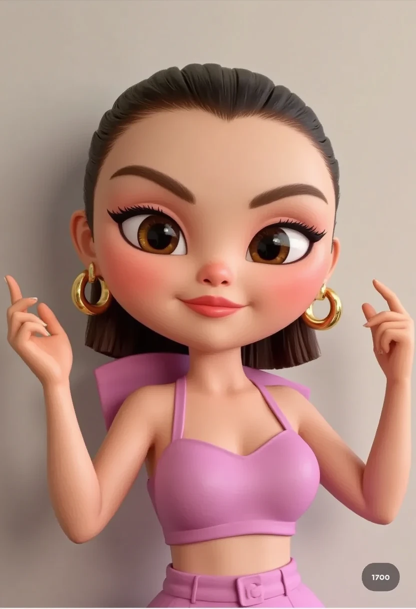  selena, Create a piXAR 3D cute character cartoon, casual but stylish outfit, and a neutral facial expression. The background should be simple and plain,details