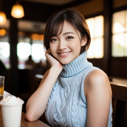 (8k, RAW photo, photorealistic, HQ, masterpiece), a cute Japanese woman, 
(cute smile), Having a conversation, brown hair,
very short hair, large breasts, (Stylish early winter clothes, High neck Sleeveless sweater),  (in stylish restaurant), 
blurred background, depth of field, natural lighting, backlighting, face lightning, 