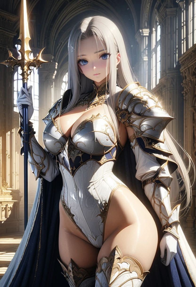 (solo),1lady,anime face,Azur Lane style,cowboy shot,A beautiful face with perfect makeup,Curvy body,(Vulgar:1.5),((luxurious and noble royal knight armor lamé high leg leotard)),((matte high leg body suit)),((large golden shoulder armor)),(breastplate:1.3),(zettai ryouiki thigh high boots),((pantyhose)),((gray hair long straight hair:1.2)),(layered long cloak),(large breasts:1.3),breast bag, gauntlet,vambrace,He has a spear in his hand,Use a spear as a weapon,Cross spear,goldsmith spear,sharp point,long handle,fitted bodice,Long middle parted voluminous bangs,white dress elbow gloves,cleavage,beautiful blue eyes,perfectly accurate hand,perfect fingers,long glove,greeting,The Royal Palace's Great Hall,beautiful lighting,masterpiece,highest quality,8k,Ultra-detailed anime style,(cameltoe:0.8),cleavage,