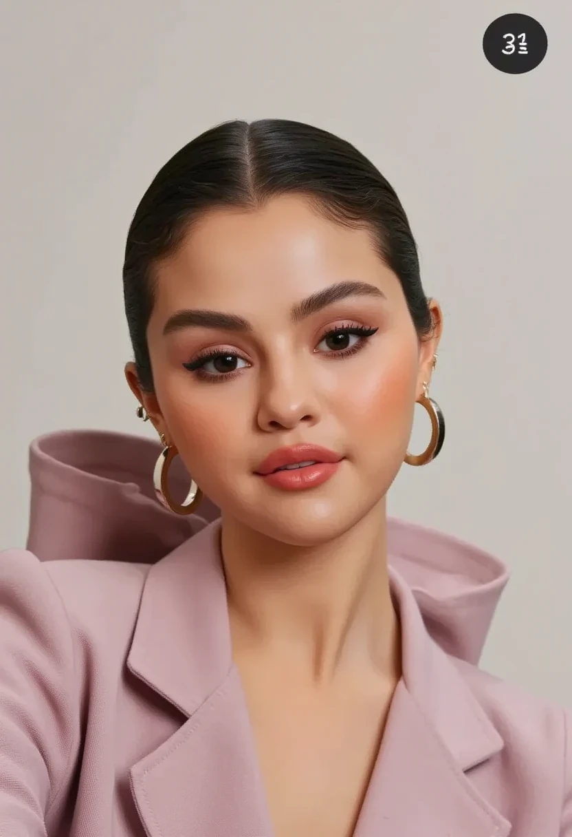  selena, Create a piXAR 3D cute character cartoon, casual but stylish outfit, and a neutral facial expression. The background should be simple and plain,details