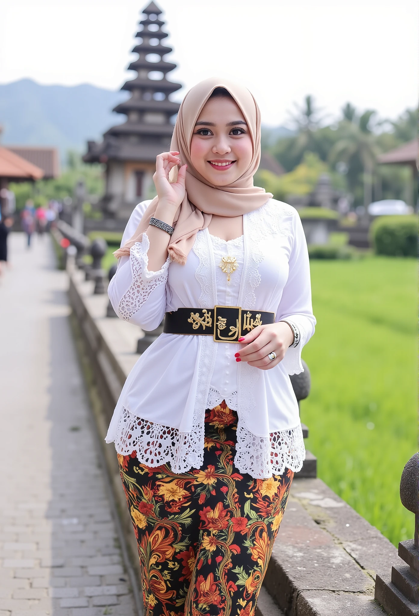 (masterpiece, best quality:1.2), 1girl wearing hijab, Alone, flower, full hijab, kebaya_Bali, white_kebaya_bali, stands on bridge, smiling, Bali temple background, beach, holding sign with text "Gadis Jelita"