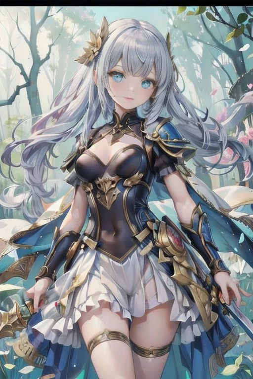 ( fantasy art ),(masterpiece),( anime style), High Quality ,(perfect anatomy),(Perfect means),(( one girl who is at ease)),((Alone)),( small breasts),細身の体, silver short hair on the monitor in the background,((Hand with a glowing sword )),beautiful and exquisite blue eyes ,Beautifully detailed white armor,White loincloth, Dynamic Poses, high fantasy , magical color and atmosphere ,Silky to the touch, Film Lighting ,In the forest