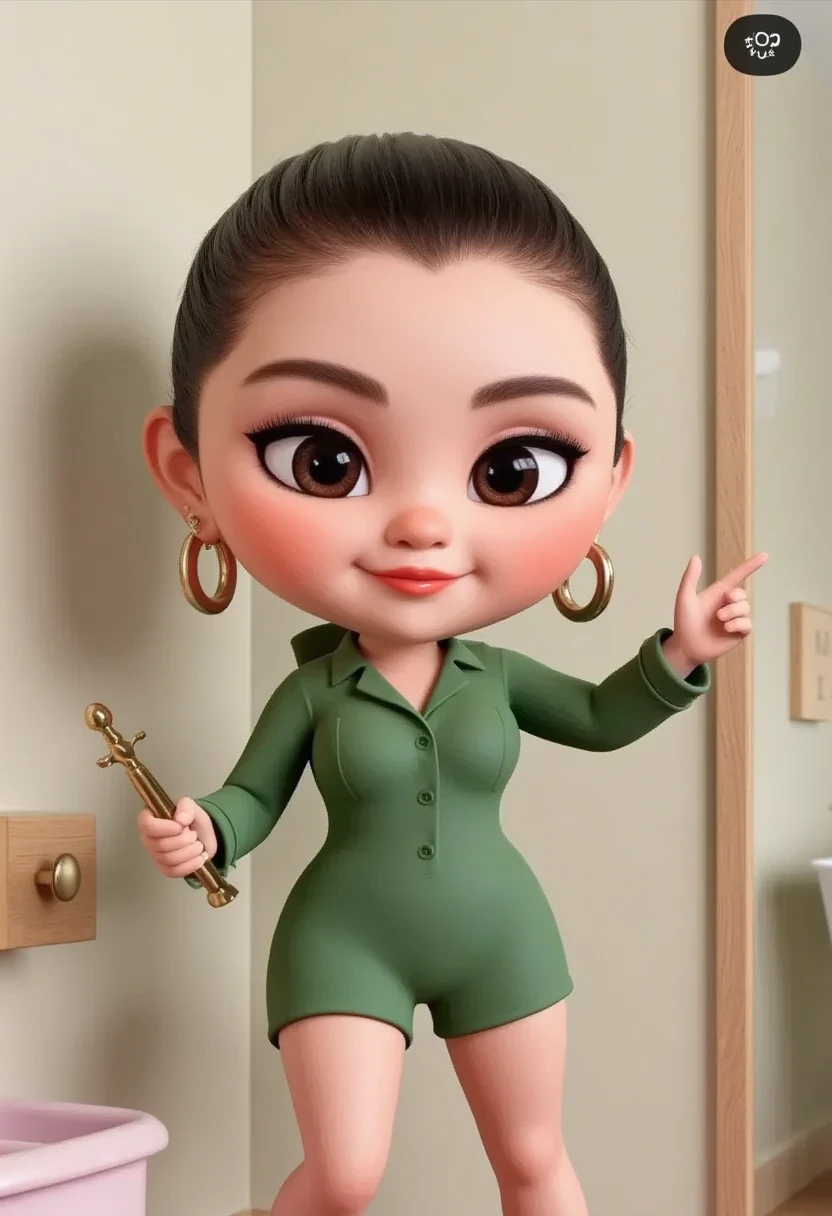  selena, Create a piXAR 3D cute character cartoon, casual but stylish outfit, and a neutral facial expression. The background should be simple and plain,details