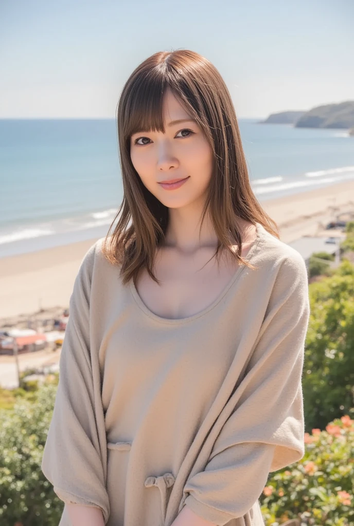 (( best quality、 table top naked underneath the jacket、8k、 Max Image))、(1 photo:1.5)、(  Look at me with the best smile :1.4)、 standing on the seashore 、Full body photo、beautiful beautiful small breasts、Small breasts、Firm small breasts、Blonde、  brown hair、 very beautiful clear sea 、 high chroma、１８age、 Japanese、 slender、 I'm thin、 Video 、Thin legs、 when the sun shines、Small waist、(Completely naked:1.6)、Keiko Kitagawa、 medium long hairstyle 
