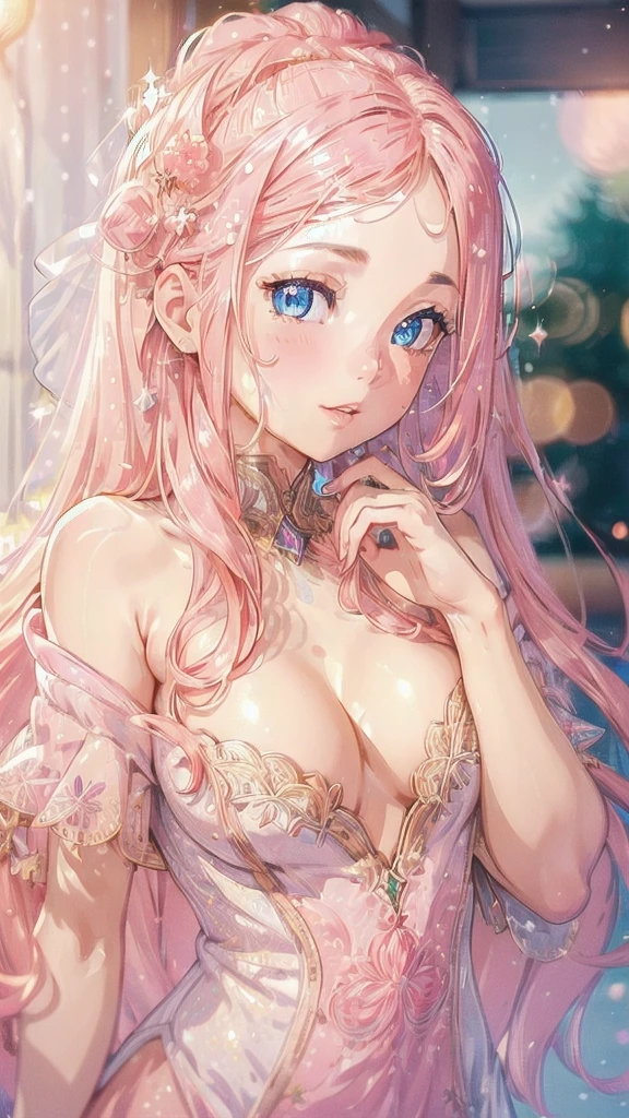 1 female,(Detailed Description,Unbelievably absurd,High resolution,8k wallpaper,masterpiece,Highest quality,Regional Depth,Anatomically accurate depiction,A face with attention to detail, Eye on the details,Perfect body,Two beautiful hands, Five perfect fingers),(Glowing Skin,Shiny skin,Oilskin),((Succubus disguised as a princess in an intricate white dress)),(7 Colorful Princess Dresses,Luxury Accessories,necklace,Earrings,bracelet,Gorgeous tiara),eyelash,(Mysteriously glowing green eyes,There is cleavage in the chest,smile,Glossy lipstick,Get on all fours,Put your finger over your mouth),Sweat,(whole body),(background:On the bed),(From above:1.2),Pink Air