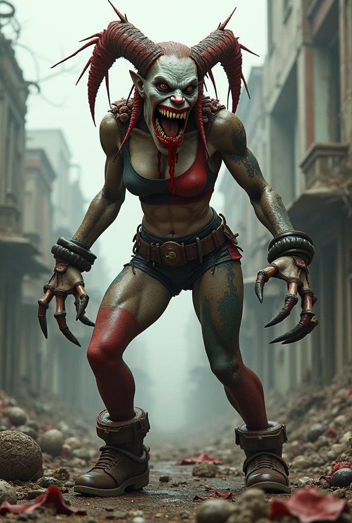 (masterpiece:1.2, Best Quality:1.2), ((Claire Redfield, super beautiful woman)), Resident evil, (Red jacket, White shirt, Long jeans, torn jeans), (Colossal tits:1.5, Huge boobs:1.5, Huge breasts:1.5, gigantic cleavage breasts:1.5), (Detailed face, Detailed skin texture, Perfect slim body, Tongue out:1.5, long tongue:1.5), At an abandoned gas station, Night, Dark atmosphere, (surround by male zombies:1.7),