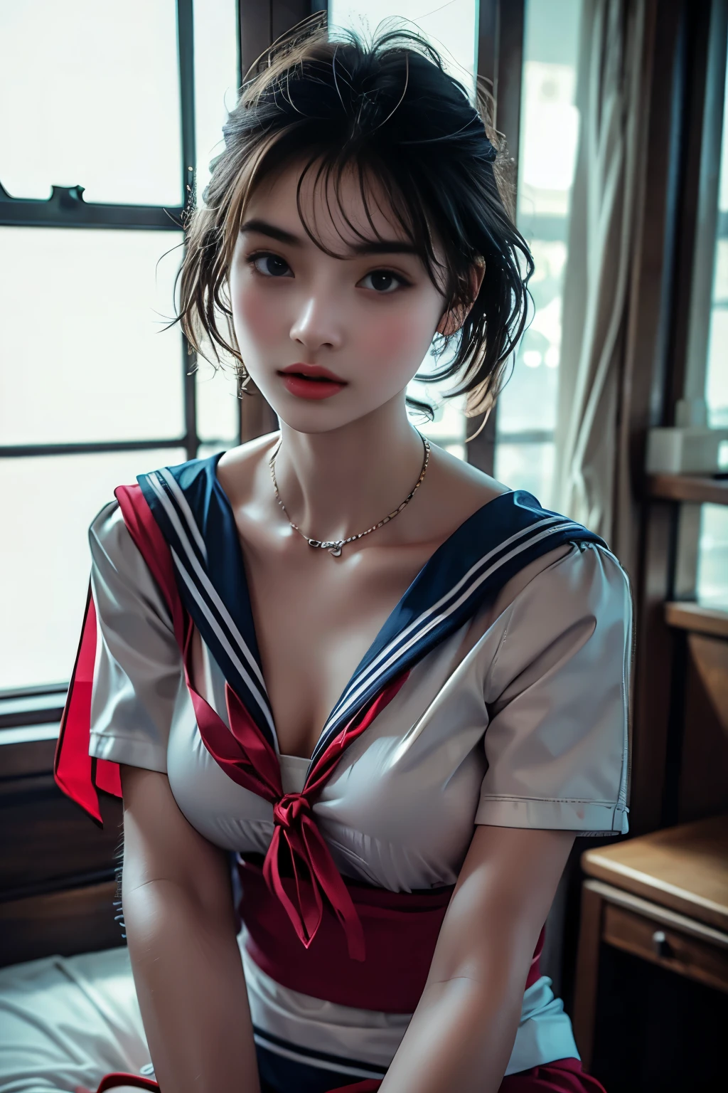 masterpiece,  best quality, 8k,  photorealistic showing panties,  high definition , 1 Female, Alone,  watch viewers, (  detail face ),((Thin sailor suit ))、Super beautiful woman、 erotic short hair、(( itting、 jewelry、Soft beautiful breasts、 Sexy Expression 、 realistic skin、Realistic Face, red ribbon 
