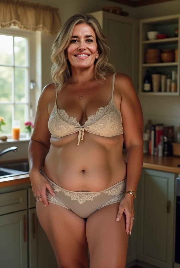 her name is Amelie, high quality, 1girl, ((25-year-old fit Caucasian woman)), ((25 years old)), ((BODY TYPE: HOURGLASS)), ((Space Buns HAIR)), SMILING, pose: SEXY POSE, wearing SEXY LINGERIE VARIETY colored, BACKGROUND:"A half-timbered house with a cozy and rustic interior, featuring exposed wooden beams and views of the charming streets."