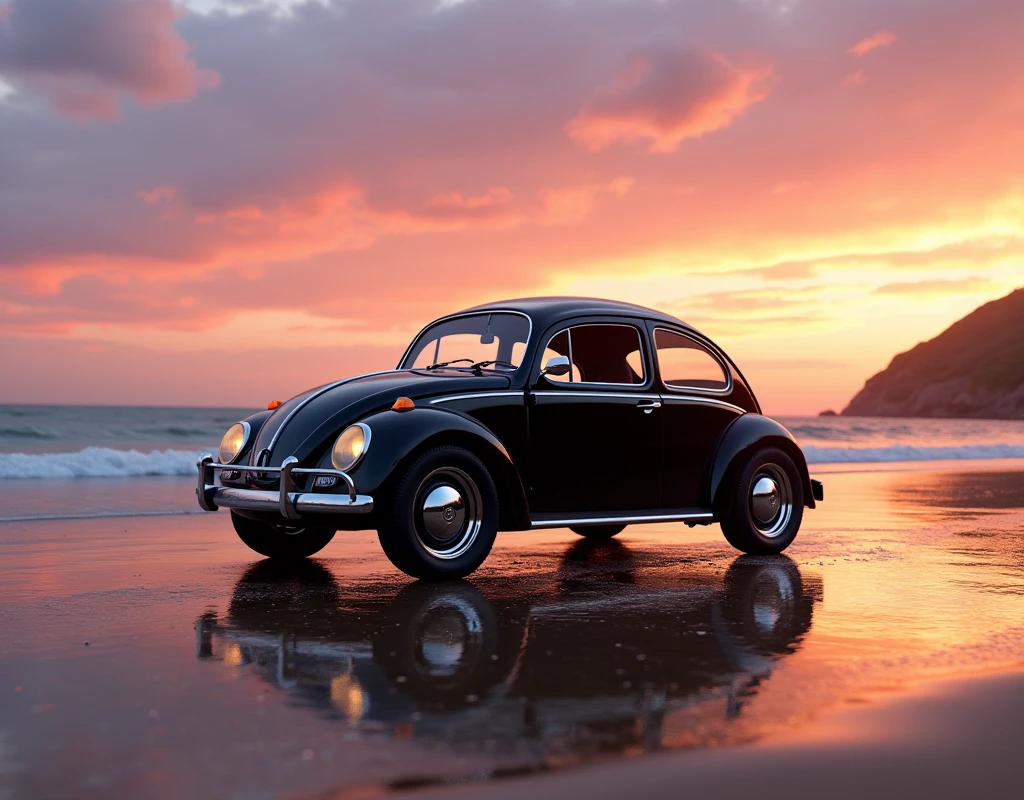 a black Volkswagen Beetle on the beach at sunset