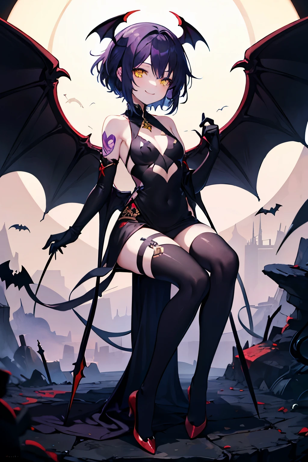 (1milf), chest jewelry, head wing, (alone), (big bust), red hair, Morrigan Ansland, wing, Animal Print, bat print, Short hair, red eyes, Printed legwear, swept forehead, leotard, bat wing, split, forehead, tiara, bare hands, bare shoulders, black leotard, looking at viewer, simple background ,sexy , (gatherbelt), stockings , (wide hips) , (tattoo on stomach)