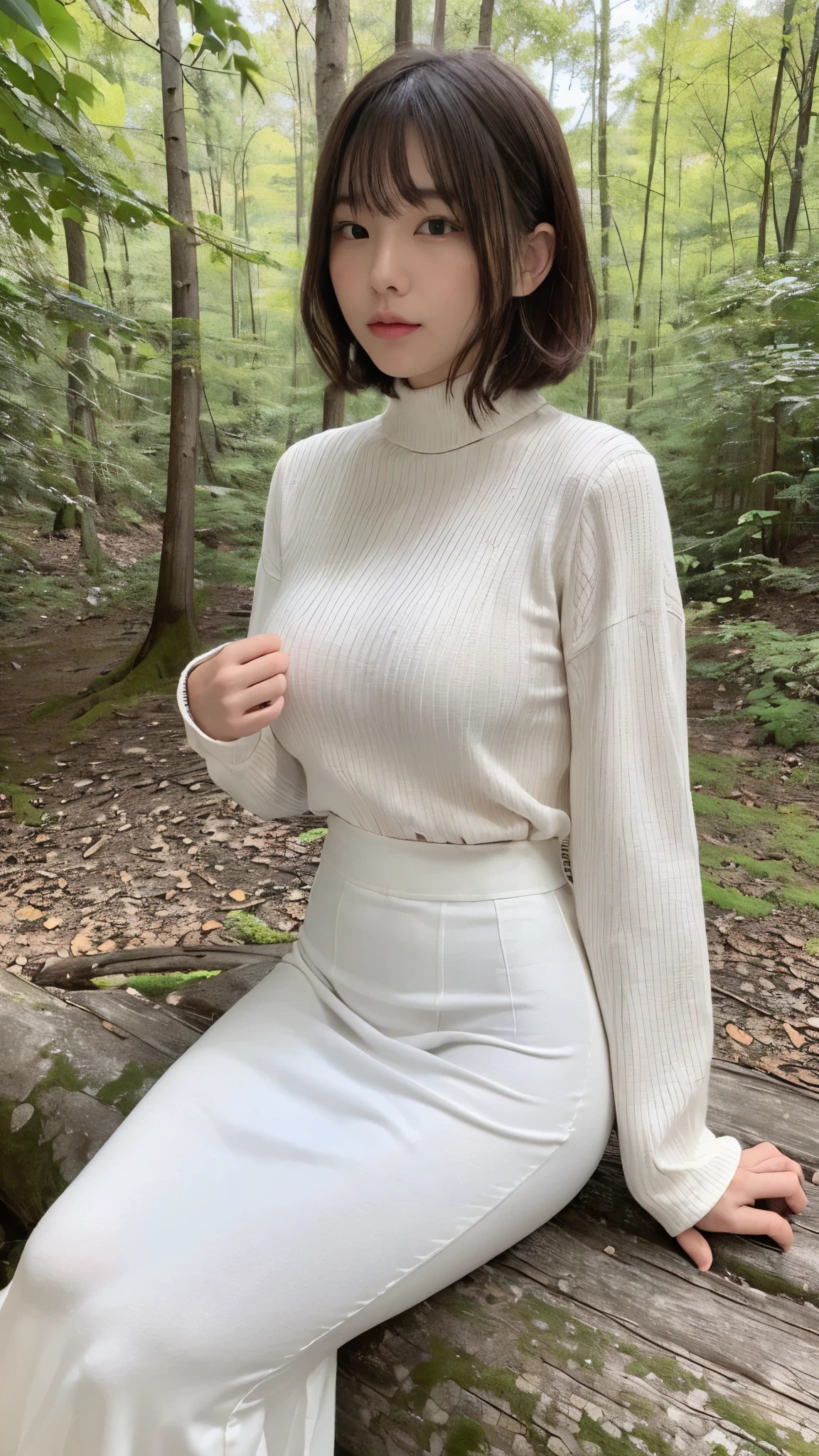 (((A picture showing the whole body from a little distance))),(masterpiece,  best quality,    ultra high resolution ),  extremely detailed CG  ,  short bob hair with bangs 、  beautiful face、((( very pretty Japanese woman hiding her chest with her hands ))),((white long high waist mermaid pencil skirt)),(((Super Long Skirt)))(The shirt is tucked into the skirt)、(Maxi long skirt)、(((Long-sleeved high-neck t-shirt that fits the body )))、((Sitting in the forest on a dark night)),