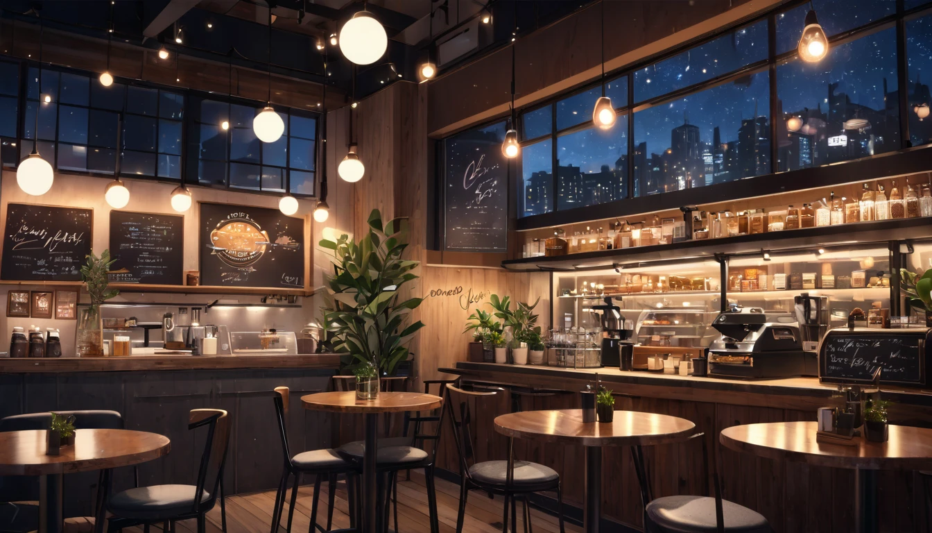 at night, frontal shot coffee shop interior, tables with coffee cups, and a big window in the center Artistic Bokeh Effect: "A dreamy coffee shop at night, focusing on a large window surrounded by blurred bokeh lights from nearby street lamps and neon signs. The interior is cozy, with warm lighting and rustic decor visible through the glass."