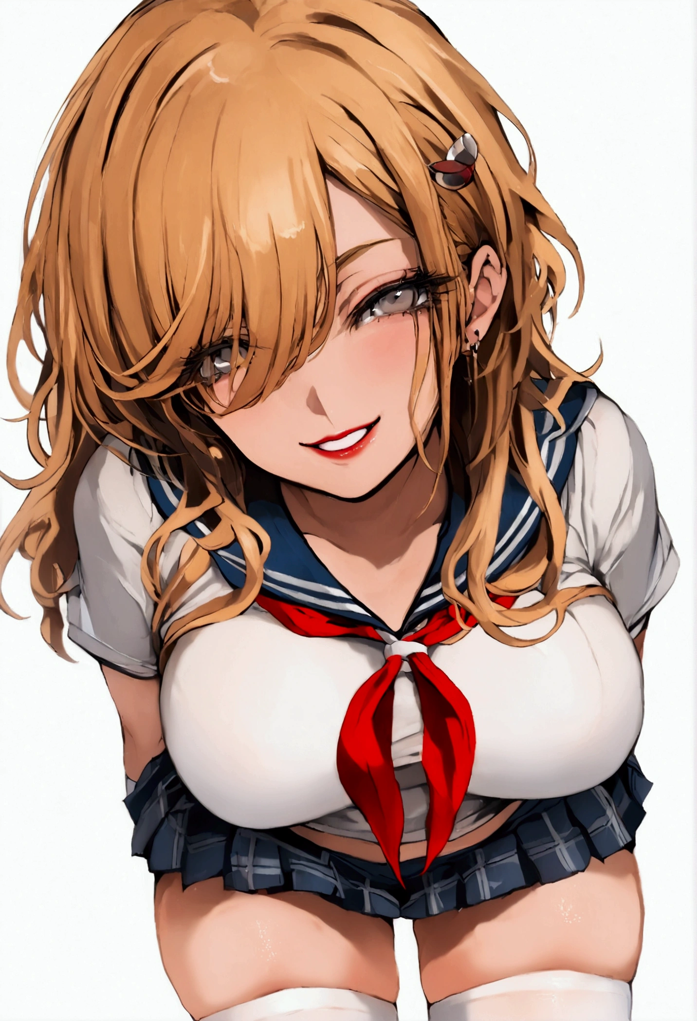 Mamimi style, microskirt, 1girl, solo, looking at viewer,upper body,parted lips, smile,happy, white background, school uniform, serafuku, short sleeves, arms behind back, thick thighs, thighhighs, skindentation, plaid skirt,    cynthia, blonde hair,grey eyes, hair over one eyes,long hair,hair ornament,large breasts,mature female,