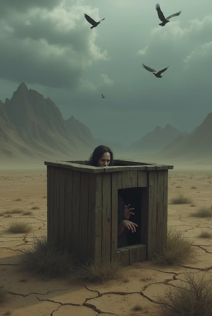 In a dimly lit room, a weathered wooden box sits in the center, its sides scratched and worn from countless attempts at escape. Inside, a woman with wild, unkempt hair and frenzied eyes claws at the rough interior, her fingernails broken and bleeding from her relentless efforts. The air is thick with desperation and the musty scent of confinement.
The woman's movements are erratic, alternating between frantic scratching and moments of eerie stillness. She mutters incoherently, her words echoing within the confines of her prison, a jumbled mix of pleas, curses, and self-reassurances. "I'll be free, I'll be free," she whispers, her voice hoarse from endless screaming.
Beyond the box, the room stretches into an infinite void, a metaphor for the vast expanse of her mind. The walls, if there are any, are shrouded in shadows, leaving the woman trapped not only physically but also within the labyrinth of her own thoughts. The only light seems to emanate from the cracks in the box, taunting her with glimpses of a world beyond her reach.
As time ticks by, marked only by the woman's labored breaths and the occasional creaking of the box, a sense of anticipation builds. The woman's movements become more calculated, her eyes narrowing with a glimmer of clarity amidst the madness. She knows that freedom awaits her, but she must bide her time, for the right moment to break free from the confines of her own mind.
In this surreal scene, the woman in the box represents the struggle of being trapped within one's own thoughts, fighting against the barriers of mental illness or emotional turmoil. The box symbolizes the limitations and constraints imposed by the mind, while the woman's relentless efforts to escape reflect the resilience and determination of the human spirit. The overall feeling is one of suffocation and isolation, yet tinged with a flicker of hope and the knowledge that with patience and perseverance, freedom is achievable.