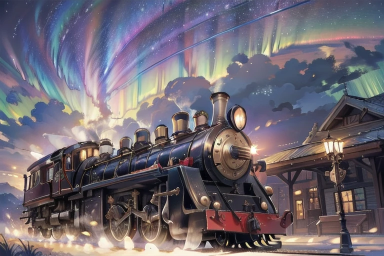 The train is on the time machine ,Time Machine,Steam locomotive,A train that flies in the sky, shines brightly, Aurora,Milky Way,milky way