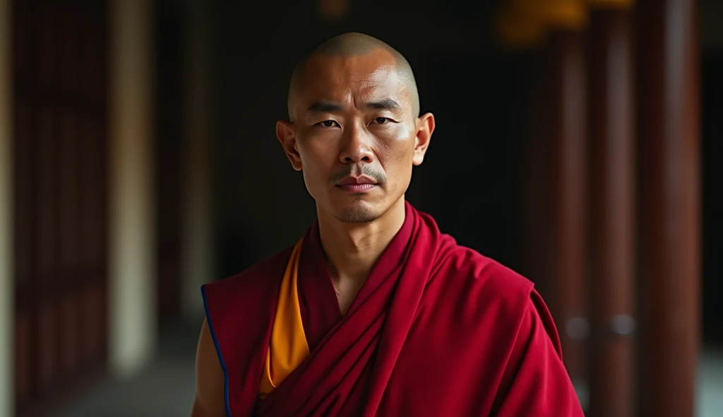 A Buddhist monk Facial expression is peaceful, Hyper realistic cinematic lighting super details skin texture is a lot of detail