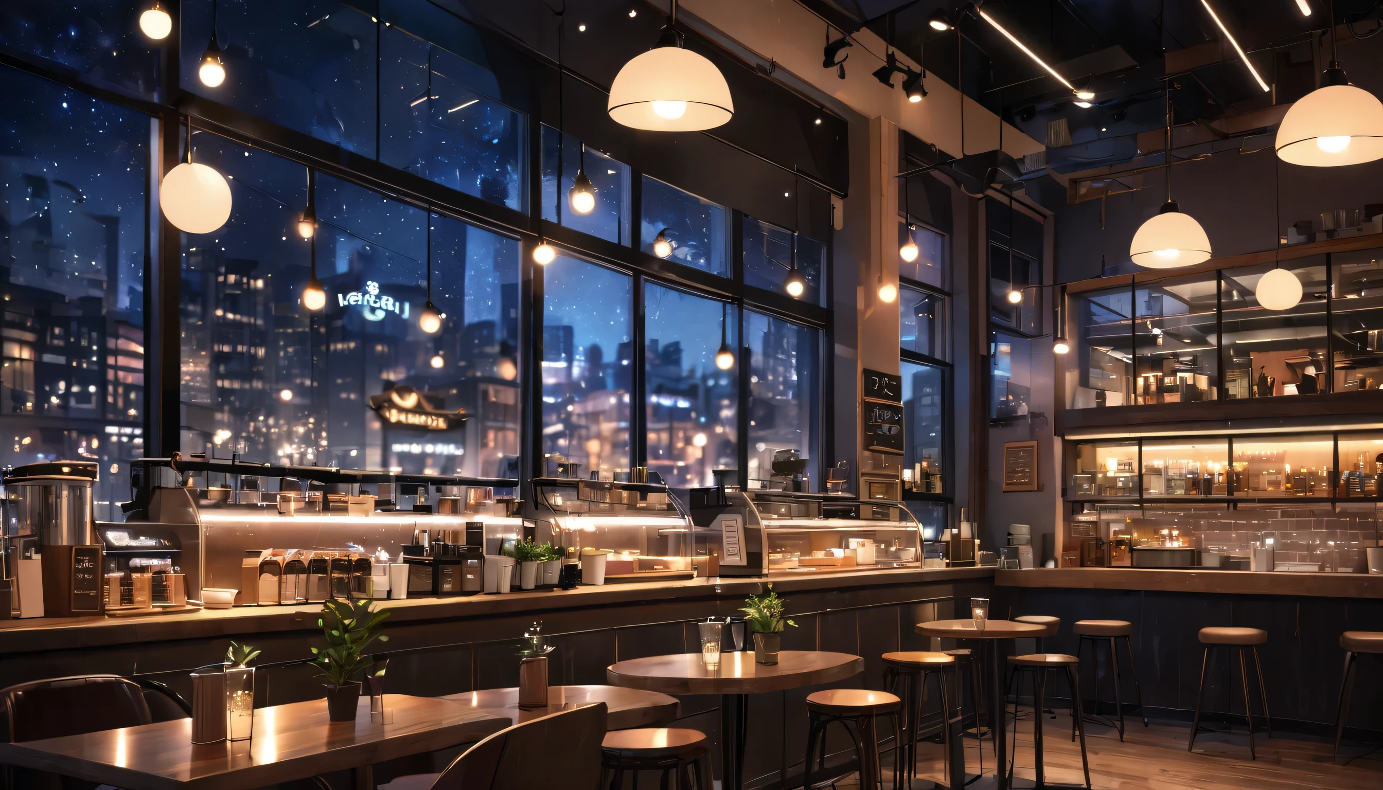 at night, frontal shot coffee shop interior, tables with coffee cups, and a big window in the center Artistic Bokeh Effect: "A dreamy coffee shop at night, focusing on a large window surrounded by blurred bokeh lights from nearby street lamps and neon signs. The interior is cozy, with warm lighting and rustic decor visible through the glass."