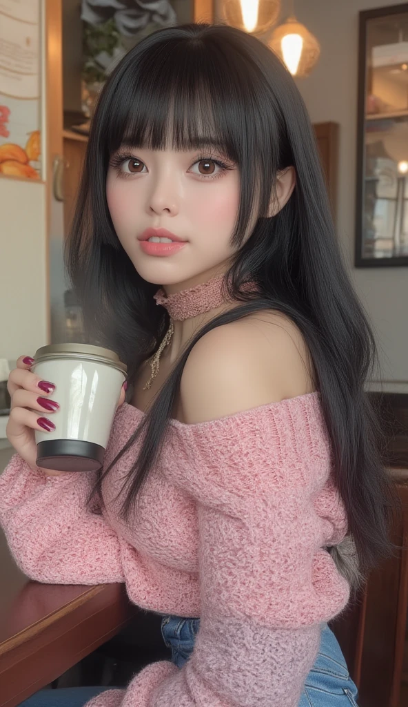 （High resolution), (8k), (Very detailed), (beautiful detailed eyes), (Highest quality), (masterpiece), thin waist, (anatomically correct)),(Curvaceous physique),(Beautiful, shining, fair skin:1.3）,(photo-realistic:1.2),((Beautiful woman sitting in a coffee shop)),（(Beautiful young woman with hime cut:1.6)), (Beautiful breast shape),((Shiny black hair:1.5)),Accurate anatomy Ultra-Realistic、Realistic、photograph、Healthy sexuality, ((Anatomically correct fingers)),((Moe sleeves:1.2))、((Knit sweater with cute sleeves:1.6)), Pink Sweater、(A plump, bursting body)、Accurate anatomy、(K-POPアイドル風のルックス:1.5),A smile full of kindness、Long eyelashes、Heavy makeup around the eyes、 