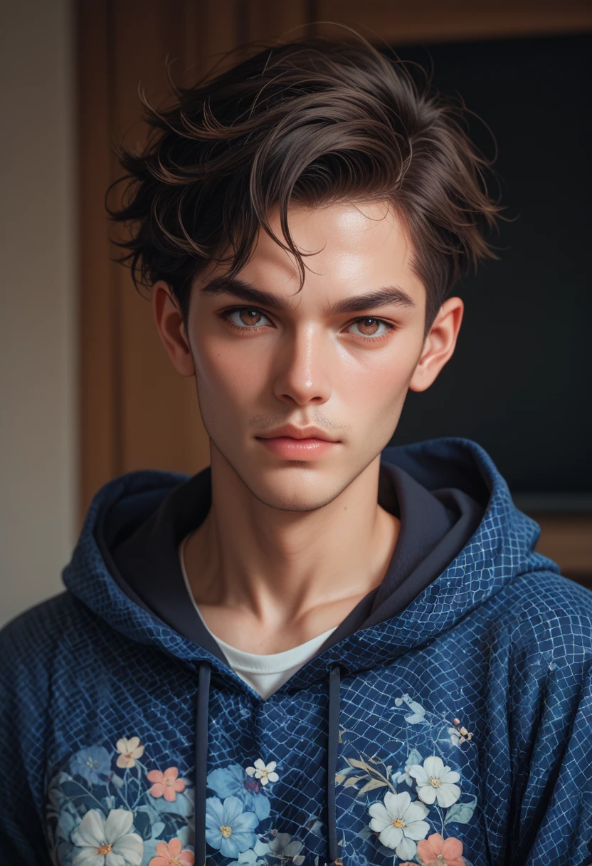 Draw a 19 y/o man with brown hair, brown eyes, light freckles on face, with .
