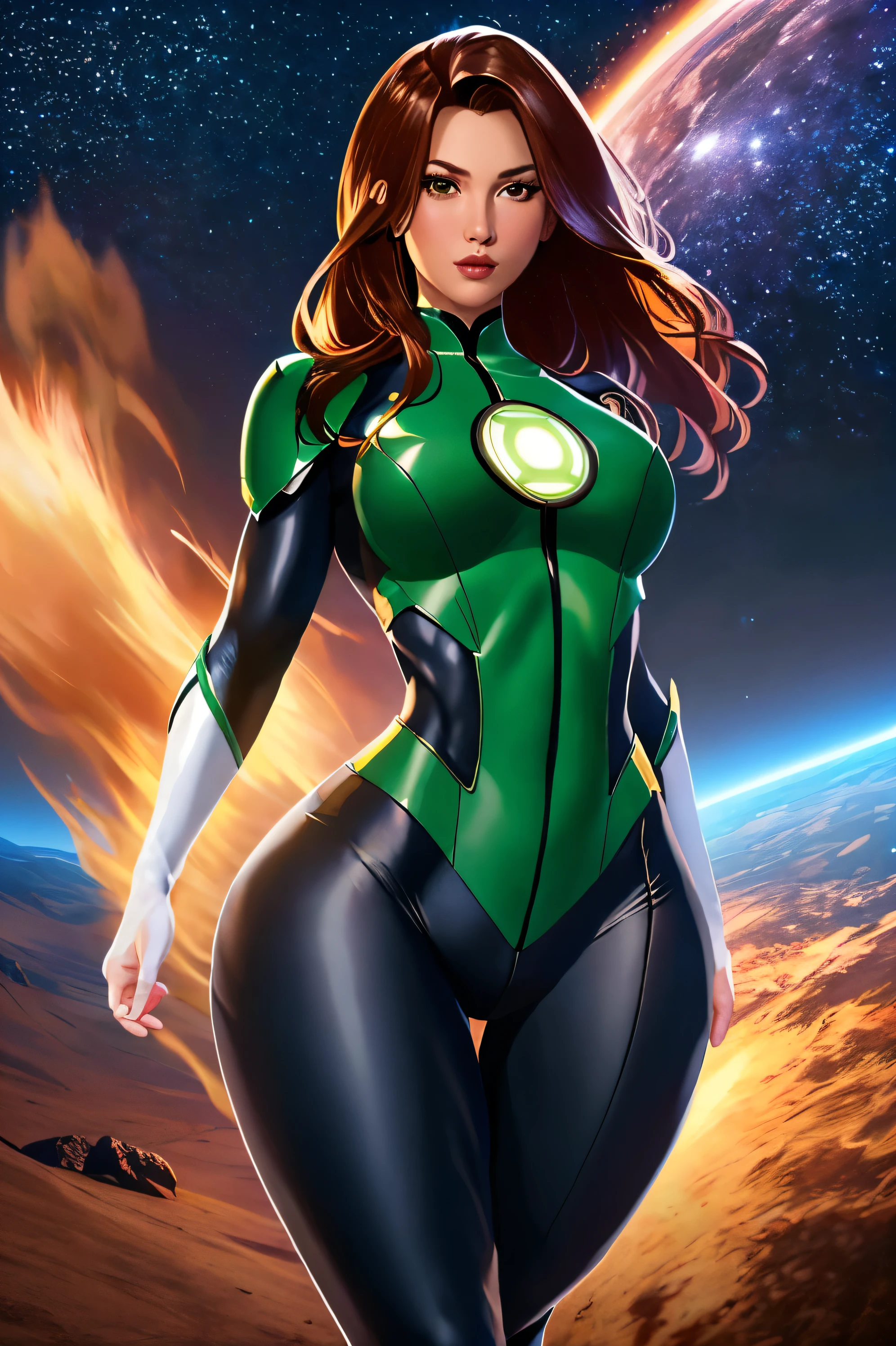  masterpiece ,  better quality ,  girl,  flat chest ,  thin waist , caderas grandes, thick legs, green lantern costume, Outer space, MEDIUM SHOT