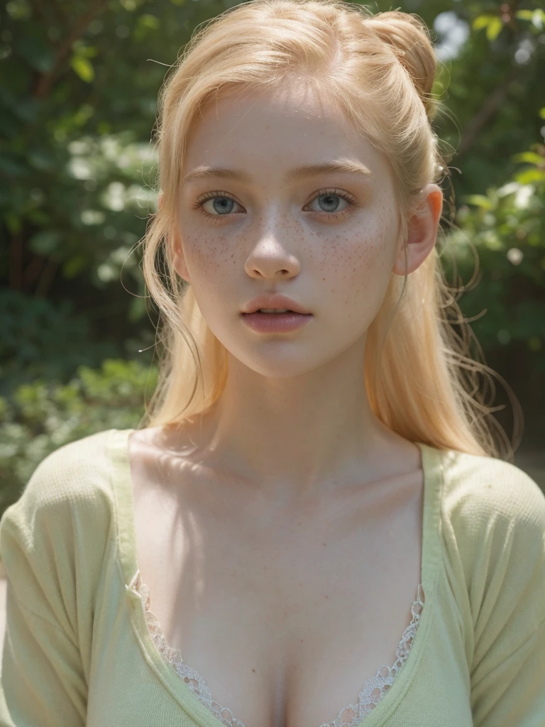 From above, A beautiful albino teenage girl, massive breast clevage,  breathing in the scent of the other girl's breast with freckles, beautiful detailed eyes, pain face, open mouth, beautiful detailed lips, extremely detailed eyes and face, red cheeks, long eyelashes,gold lace bra, large breasts, wearing oversized green cardigan, haistyle bun, 1. 2), thin waist, jewells waist,ultra-detailed,(realistic,photo-realistic,photo-realistic:1.37),portrait,chiaroscuro lighting,soft pastel colors,dreamy atmosphere (best quality,4k,8k,highres,masterpiece:1.2),ultra-detailed,(realistic,photo-realistic,photo-realistic:1.37),portrait,chiaroscuro lighting,soft pastel colors,dreamy atmosphere
1 fille, 