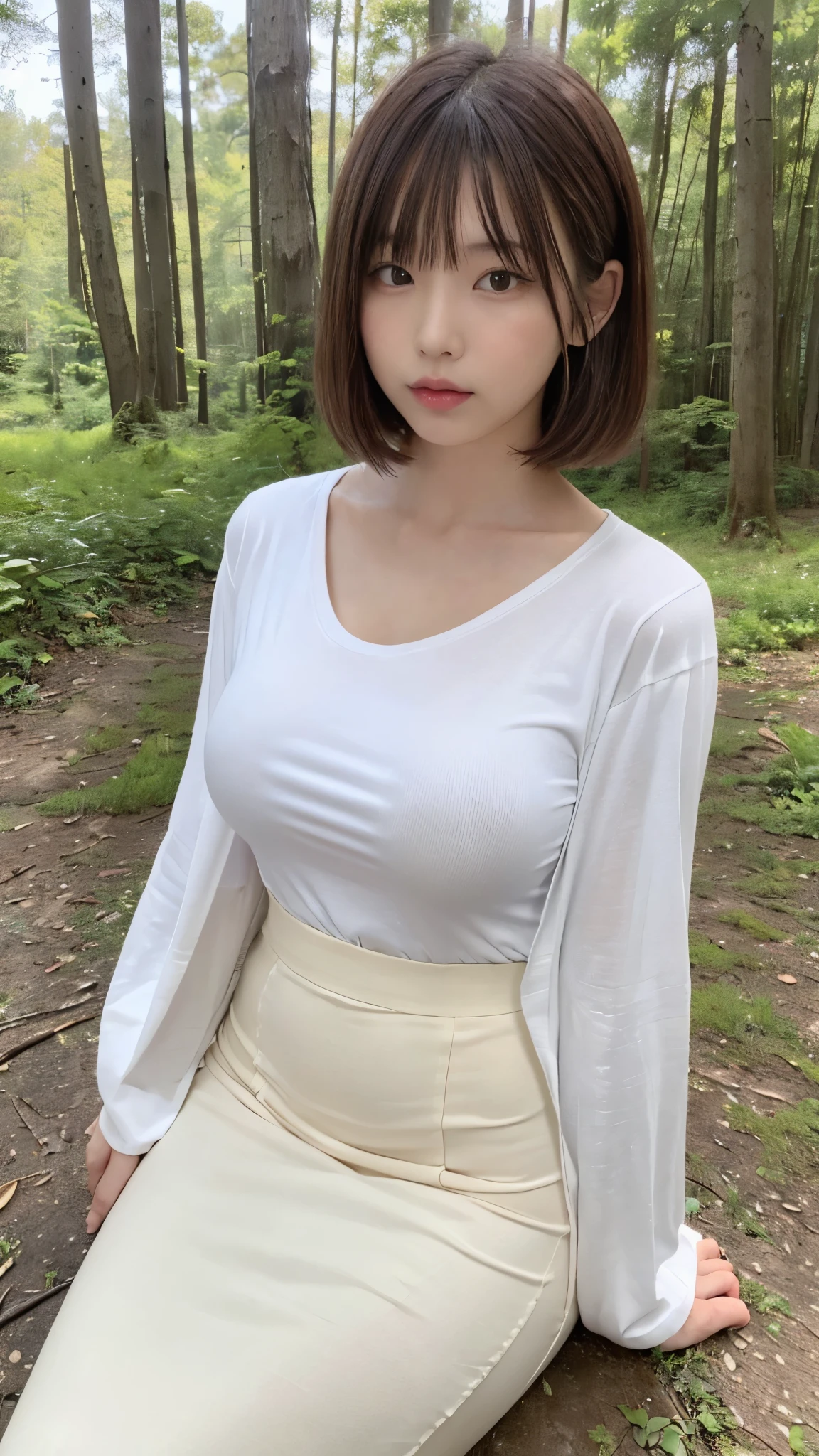 (((A picture showing the whole body from a little distance))),(masterpiece, best quality, ultra high resolution ), extremely detailed CG , short bob hair with bangs 、 beautiful face、((( very pretty Japanese woman hiding her chest with her hands ))),((white long high waist mermaid pencil skirt)),(((Super Long Skirt)))(The shirt is tucked into the skirt)、(Maxi long skirt)、(((Long-sleeved high-neck t-shirt that fits the body )))、((Sitting in the forest on a dark night)),
