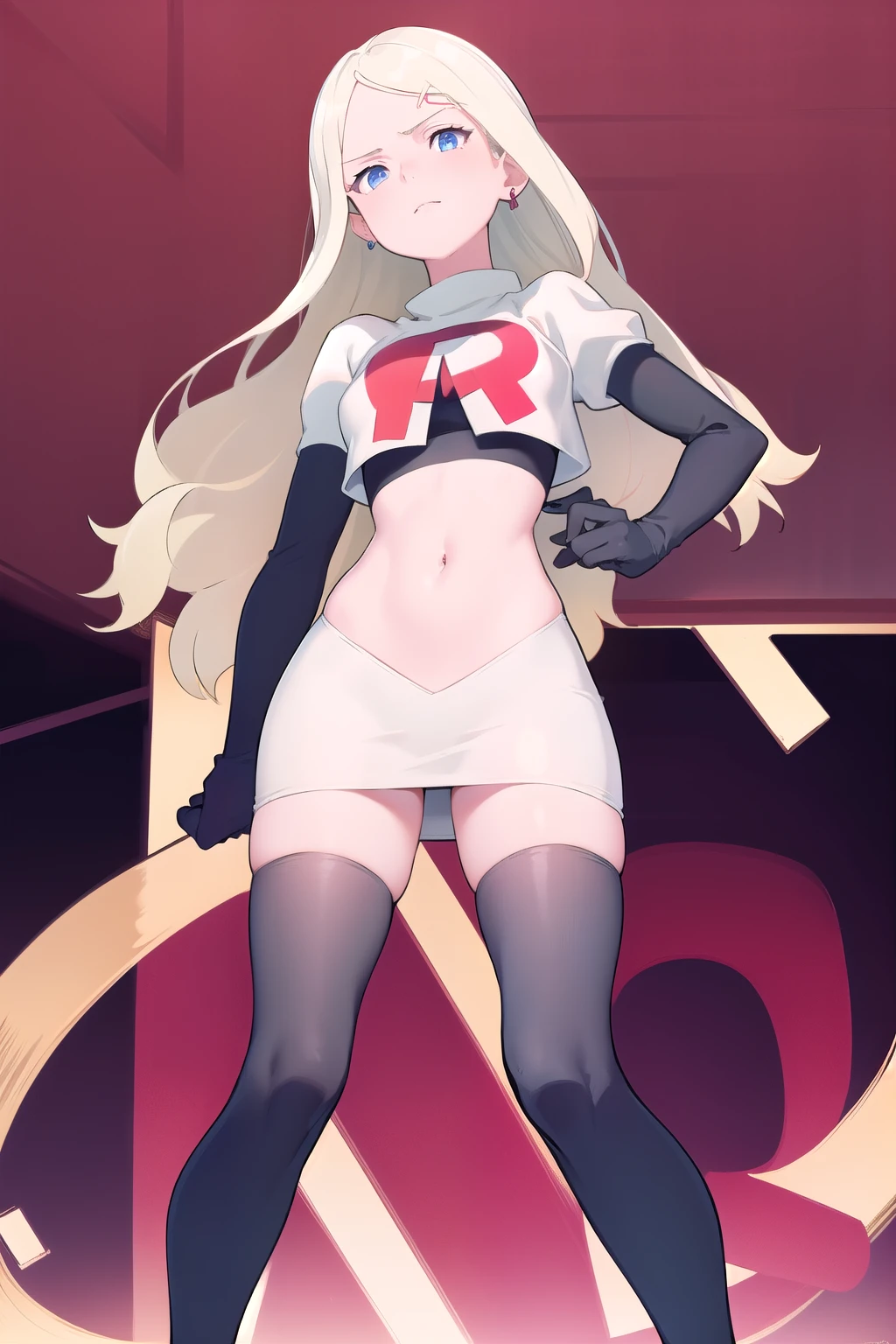 masterpiece, best quality, absurdres, perfect anatomy, 1girl, solo, DianaCavendish, long hair, jewelry, team rocket,team rocket uniform,white skirt,red letter R,crop top,black thigh-highs,black elbow gloves, sparkling