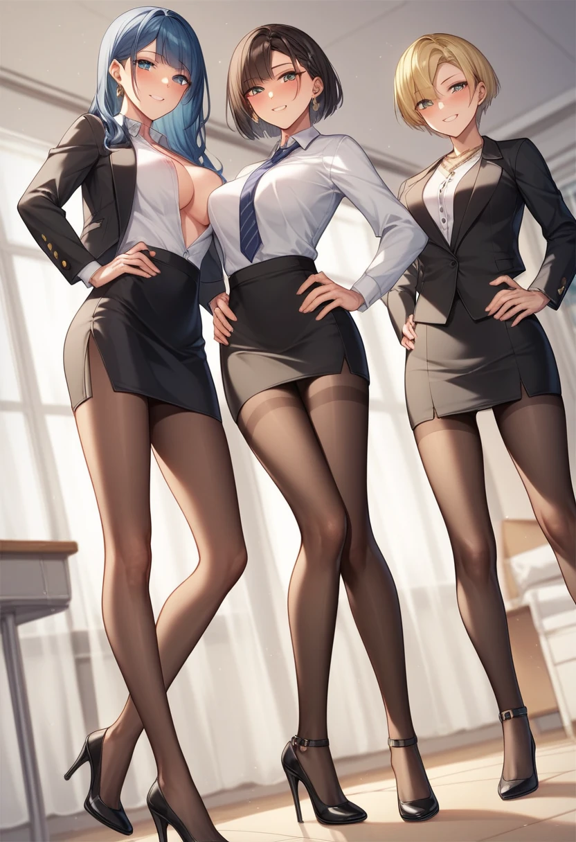 Yorha 2B, grey pencil skirt, nylon stockings , white blouse, grey jacket, heels,  office suit 