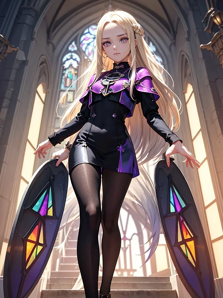 The background is a sunset sunset 、 medieval cityscape with basket、Inside the kaleidoscope、 Stained Glass Background 、Legendary Scenery 、 Mythical Scenery Unfolds、The cathedral shines brightly、red and green contrast 、Path of Light、 Edelgard in black armor, wearing black tights ,((  Holographic  )), （I can see the fangs、Double teeth、 wore black tights  ( transparent PVC clothing , transparent colored vinyl clothing , : 1.2。prism, Holographic , Color Difference, fashion illustration), （Mean face、 red eyeliner that makes a striking impression、  cold eyes 、  has long eyelashes） Purple Eyes,  long hair,  blonde hair( Holographic :1.2), Refined and elegant ,  3d rendering ,, Looking at the Audience , pixib,movie lighting,  very detailed,  Clear Focus 