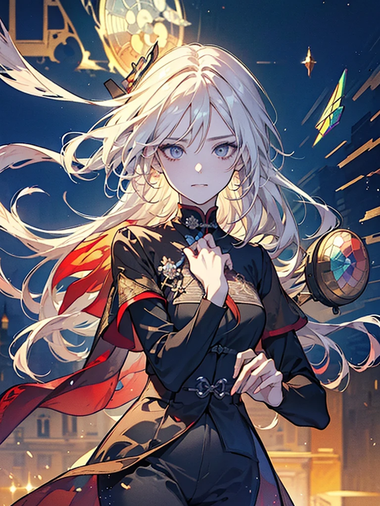 The background is a sunset sunset 、 medieval cityscape with basket、Inside the kaleidoscope、 Stained Glass Background 、Legendary Scenery 、 Mythical Scenery Unfolds、The cathedral shines brightly、red and green contrast 、Path of Light、 Edelgard in black armor, wearing black tights ,((  Holographic  )), （I can see the fangs、Double teeth、 wore black tights  ( transparent PVC clothing , transparent colored vinyl clothing , : 1.2。prism, Holographic , Color Difference, fashion illustration), （Mean face、 red eyeliner that makes a striking impression、  cold eyes 、  has long eyelashes） Purple Eyes,  long hair,  blonde hair( Holographic :1.2), Refined and elegant ,  3d rendering ,, Looking at the Audience , pixib,movie lighting,  very detailed,  Clear Focus 