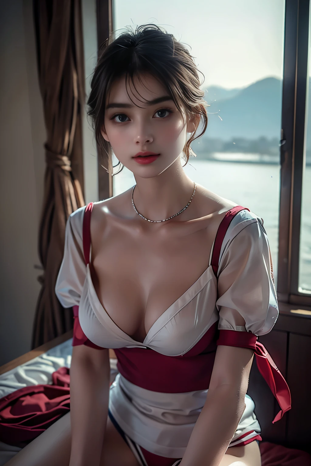 masterpiece,  best quality, 8k,  photorealistic showing panties,  high definition , 1 Female, Alone,  watch viewers, (  detail face ),((Thin sailor suit ))、Super beautiful woman、 erotic short hair、(( itting、 jewelry、Soft beautiful breasts、 Sexy Expression 、 realistic skin、Realistic Face, red ribbon 
