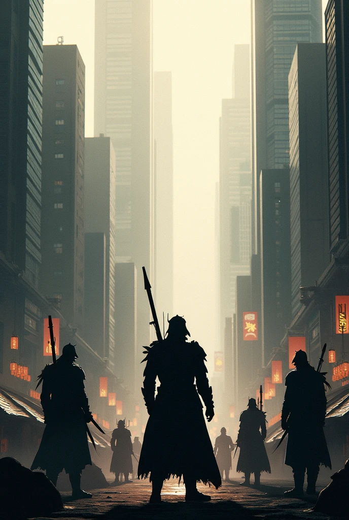 A group of mechanized armored units，wearing a worn-out mech suit，iintricate，（Steel metal[rusted]），ellegance，Photo by Greg Rutkowski，gentlesoftlighting，vivd colour，tmasterpiece，（（the street）），Hold a long knife in your hand，dynamicposes， Wearing a red cape， Broken cape， Fog cover， The looming sun， Cyberpunk city streets，