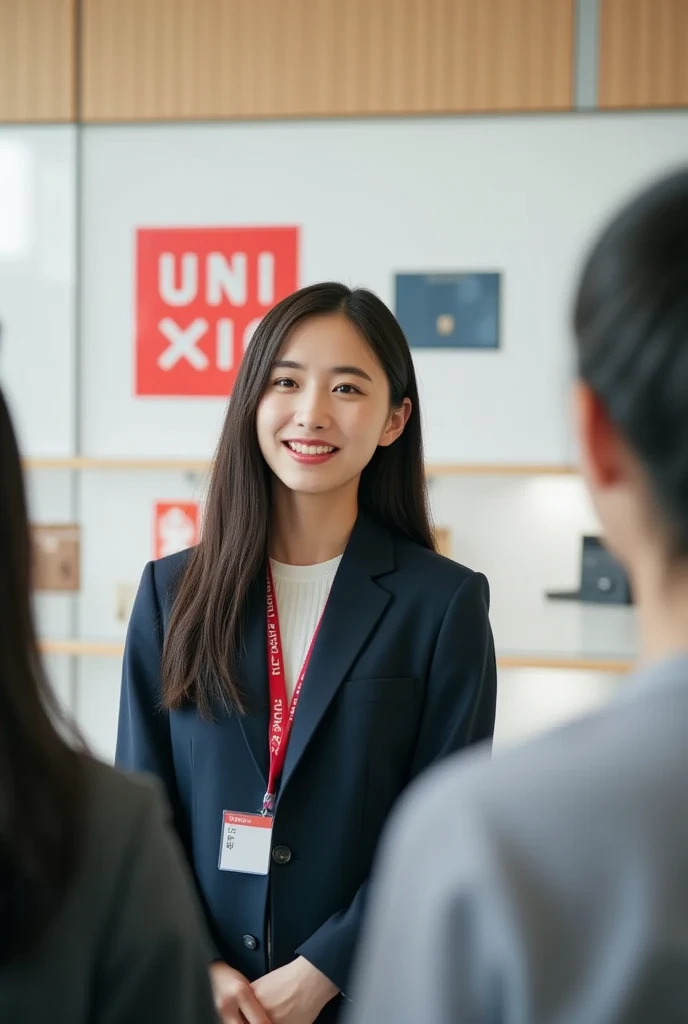 Inside the UNIQLO store in Japan 　Cover your face with your hair　I'm hanging a red name tag from my neck　Give a presentation with a smile