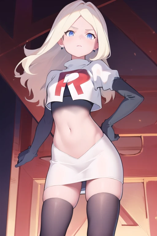 masterpiece, best quality, absurdres, perfect anatomy, 1girl, solo, DianaCavendishBase,DianaCavendish, long hair, jewelry, team rocket,team rocket uniform,white skirt,red letter R,crop top,black thigh-highs,black elbow gloves, sparkling