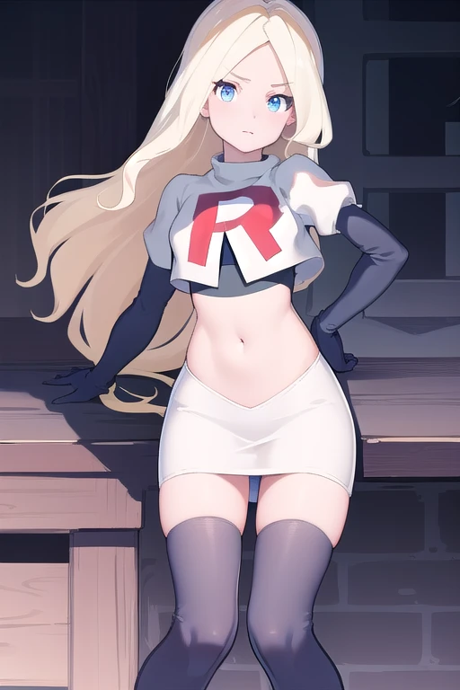 masterpiece, best quality, absurdres, perfect anatomy, 1girl, solo, DianaCavendishBase,DianaCavendish, long hair, jewelry, team rocket,team rocket uniform,white skirt,red letter R,crop top,black thigh-highs,black elbow gloves, sparkling