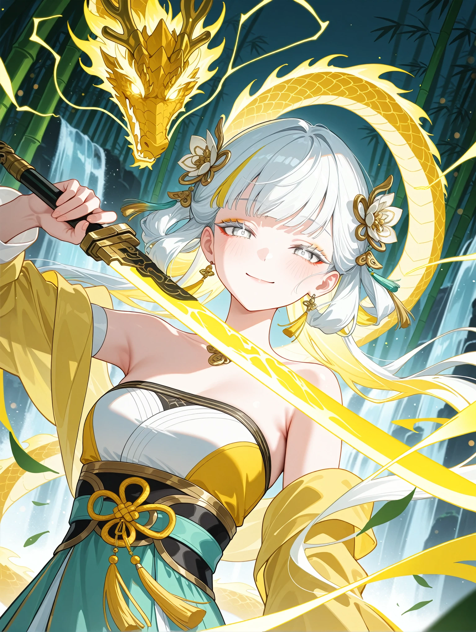 glowing eyes, streaked hair, glowing inner hair, glowing streaks, 1girl, jinhsi \(wuthering_waves\), white hair,blonde_eyes, large_breasts, (upper_body,close-up:1.4),Dynamic pose,串,((aqua and yellow:0.85) but Limited palette:1.2),//,Chinese architecture,Ink,hair flowers,bamboo forest,bamboo,//(long hair),small breasts,smile,((dragon)),Yellow lightning,(makeup,white eyeliner),white eyeshadow,white eyes,(long eyelashes),half-closed eyes,Dragon skirt,blush,holding sword,chinese sword,(dynamic angle:1.2),(hanfu:1.4),chinese clothes,transparent clothes,tassel,chinese knot,bare shoulders,kanzashi,draped silk,gold trim,wind,bokeh,scattered leaves,flying splashes,waterfall,splashed water,looking at viewer,                                         
 ,masterpiece,best quality,newest,