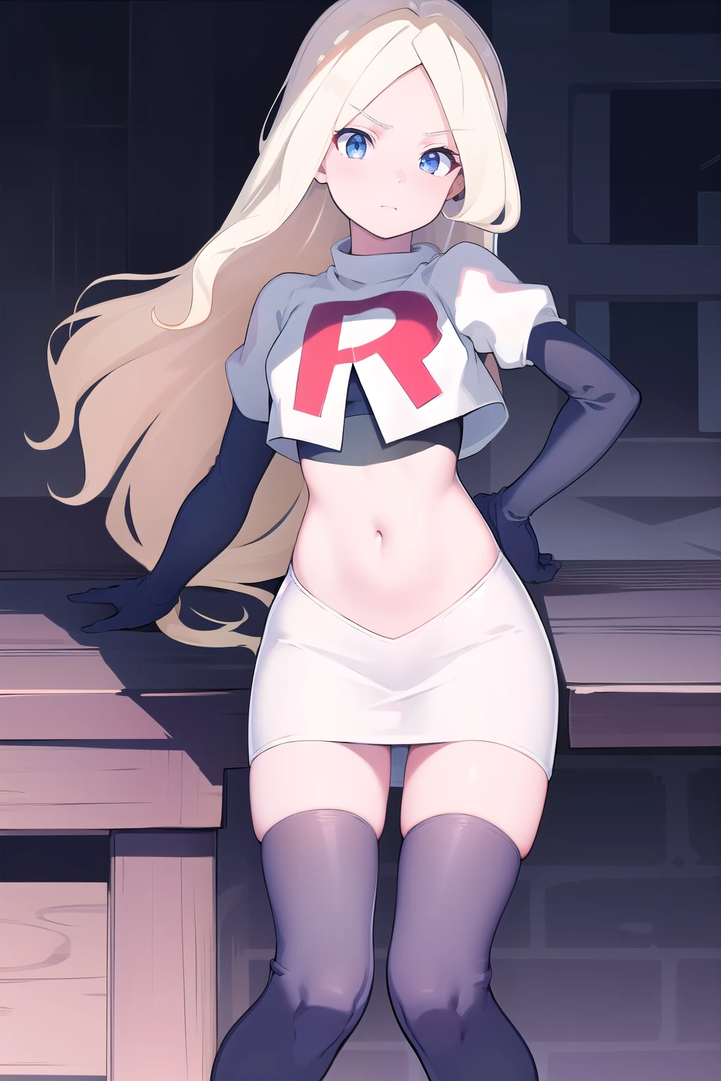 masterpiece, best quality, absurdres, perfect anatomy, 1girl, solo, DianaCavendishBase,DianaCavendish, long hair, jewelry, team rocket,team rocket uniform,white skirt,red letter R,crop top,black thigh-highs,black elbow gloves, sparkling