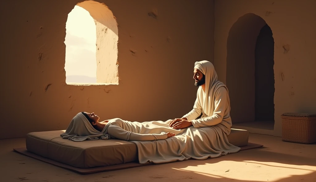 “Inside the Tsur Cave at night, Abu Bakr As-Siddiq plugged a small hole with his foot, his face showing pain but determination, while the Prophet Muhammad rested peacefully nearby, the cave walls bathed in warm, earthy colors.”